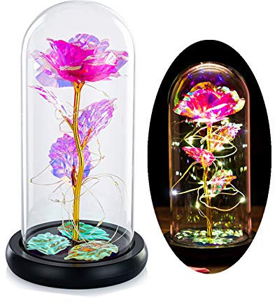 Glasseam La Bella E La Bestia Rosa in Cupola di Vetro con Luci A LED Bianche Calde Fiori di Cristallo Eterni Incantati per Sempre Regalo di Compleanno per Lei per L'anniversario