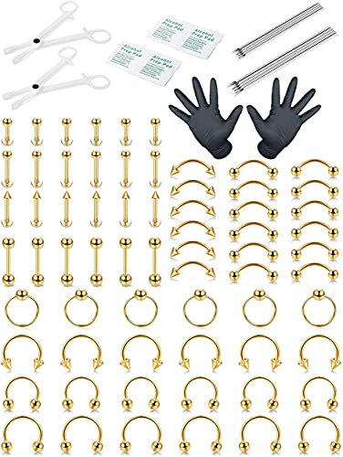 LOLIAS 84Pcs Professional Piercing Kit Nose Piercing Stainless Steel Septum Hoop Piercing Tragus Daith Cartilage Earrings Belly Button Piercing Kit Tongue Labret Lip Bar Piercing Jewerly 14G 16G