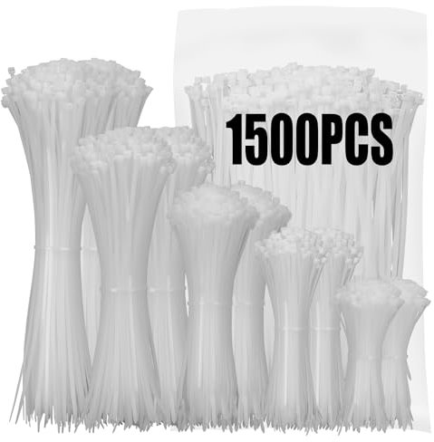 XINGO 1500 Stück Kabelbinder Weiß Set, 100/150/200/300 mm(je 300 Stück), UV Beständig Nylon Verschiedene Größen Super Haltbar Selbsthemmend Kabelbinder für Zuhause, Büro, Garten und Werkstatt