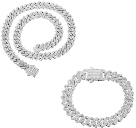 Halukakah Platin Plattiert Kubanischer Diamant Gliederarmband Halsketten-Schmuck Set Für Männer,Über 1500 Labor Diamanten Handset,Breite 12mm Länge 20cm,45cm Mit Geschenkbox