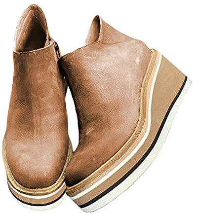 Minetom Stivali Donna Invernali Scarpe Stivaletti Zeppa Alta Plateau Ankle Boots Tacco Alto Scarpe con Cerniera Laterale B Cachi 35 EU