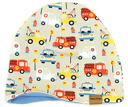 Kleine Könige Mütze Kinder Jungen Beanie · Modell Auto Polizei Happy Cars grau, hellblau · Ökotex 100 Zertifiziert · Größe 74/80 (KU 42-45)