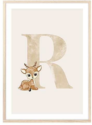 MeinBaby123® Buchstaben Poster DIN A4 Kinderzimmer Mädchen und Junge | Babyzimmer Deko | Bilder Kinderzimmer | Geschenkideen zur Geburt | Anfangsbuchstabe R (süßes Reh)