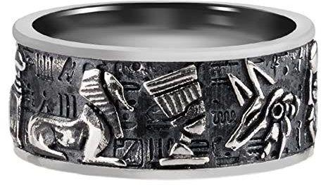 Vintage Schwarzer 925 Sterling Silber Ägyptischer Ring Bandring Geprägter Ankh Anubis Horus Skarabäus Pharao Sphinix Sonne für Herren Damen Größe 59