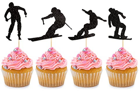 24 PCS Black Skiing Silhouette Cupcake Toppers for Birthday Party Wedding Baby Shower Anniversary Party Motion Theme Party Cake Dessert Decorations Supplies Picks