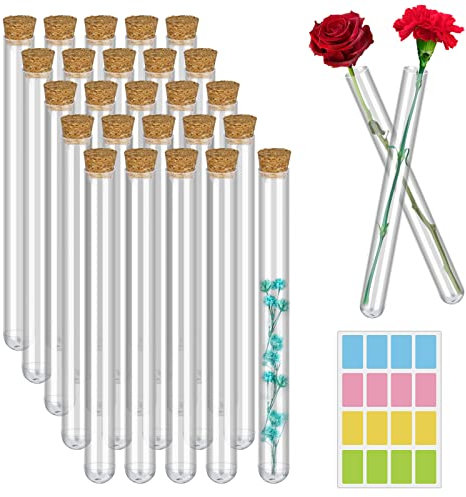 25 Stück Reagenzgläser aus Kunststoff mit Korkstopfen + Etiketten für Reagenzgläser, 20ml Transparent Reagenzgläser für Bastelarbeiten, Wissenschaftliche Experimente, Gastgeschenke und Hochzeit