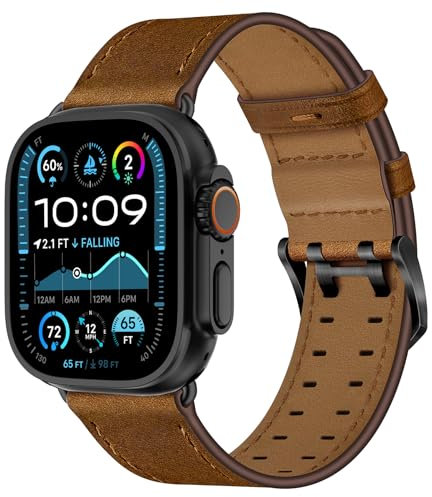 OUHENG Correas de cuero compatibles con Apple Watch Band de 46mm/49mm/45mm/44mm/42mm, correa de cuero genuino para iWatch Ultra 2/1 Series 10 9 8 7 6 5 4 3 2 1 SE, hombres, marrón retro y negro