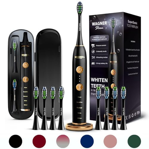 Wagner Stern WHITEN+ – Brosse à dents électrique avec capteur de pression, 5 modes, 3 intensités, 8 têtes souples, moteur puissant, étui de voyage luxe inclus
