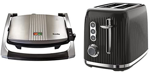 Breville Sandwich/Panini Press & Toastie Maker | 3-Slice | Non-stick-coated aluminium plates [VST025] & Bold Black 2-Slice Toaster with High-Lift and Wide Slots | Black and Silver Chrome [VTR001]