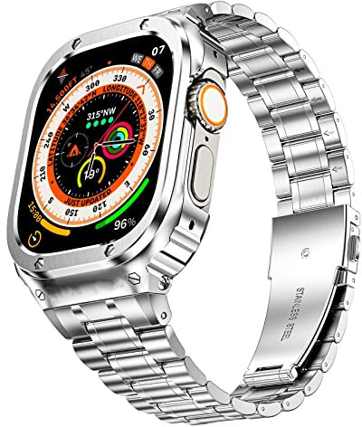 MioHHR Metallbänder mit Gehäuse kompatibel für Apple Watch Armband 49 mm, stoßfestes Edelstahlgehäuse und Ersatzband mit Fall für iWatch Ultra 2/1 für Herren(Silber)