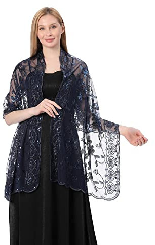 GIBZ Damen Bestickt Glitzer Schal Dünn Vintage Floral Stola Wraps mit Pailletten für Hochzeit Abendkleider, Navy Blau