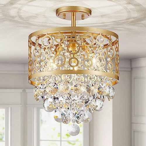WUZUPS Kristall Trommel Kronleuchter Flushmount Deckenleuchte Moderne Beleuchtung für Eingang Flur Küche Badezimmer Schlafzimmer, H 41.5cm x B 33cm, E27 Base, Gold
