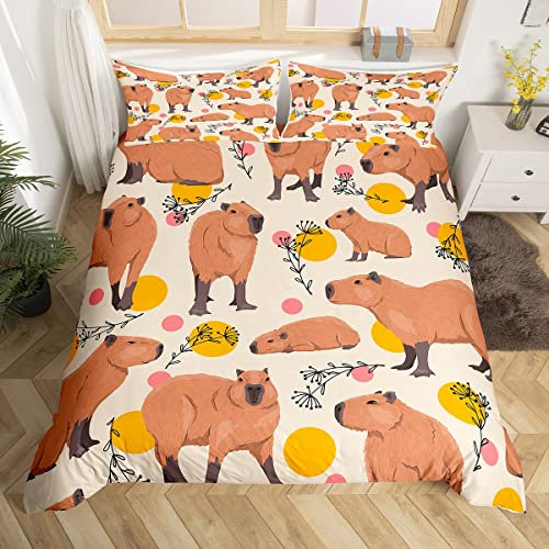 Cartoon Capybara Duvet Cover for Kids,Cute Brown Capybaras Comforter Cover Double Size for Teens Boys Girls Room Decor,Funny Doodle Plants Dots Design Bedding Set Microfibre Soft Bedspread Cover 3Pcs