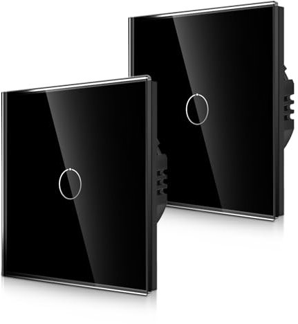 Lot de 2 interrupteurs tactiles CNBINGO unidirectionnels - Interrupteur mural noir avec panneau en verre et rétroéclairage LED d'état - Pas de fil neutre nécessaire - 500 W/Fach - 1 interrupteur