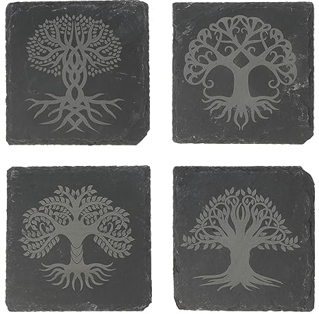 4er Set Untersetzer aus Schiefer mit keltischem Baum des Lebens|Trinkglasuntersetzer|Untersetzer für Gläser|Mystische Motive|hochwertige Lasergravur|Geschenkidee Wikinger|Geschenkset