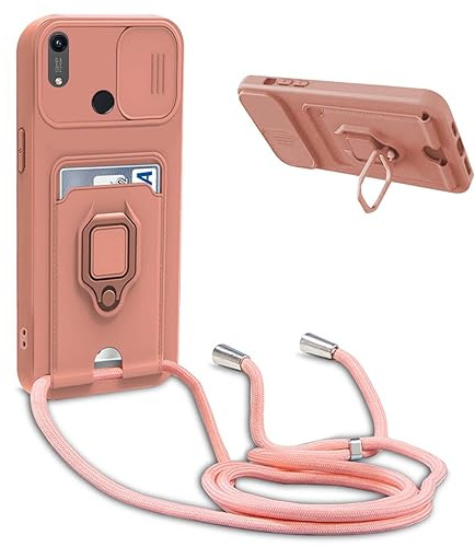 BGHHEU Handykette Schutzhülle kompatibel mit Huawei Y6 2019/ Honor 8A Handyhülle mit Band,Schiebe Kameraschutz,360 Grad Ringhalter Stand,Kartenfach,Verstellbarer Halskette Silikon hülle - Pink