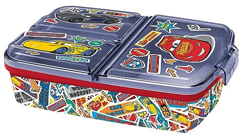 P:os 33708088 - Cars Brotdose für Kinder mit 3 Fächern, Lunchbox aus Kunststoff mit Clip-Verschlüssen, Vesperdose für Kindergarten, Schule und Freizeit