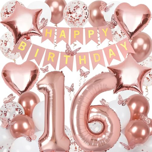 16th Birthday Decorations for Girls, Rose Gold 40 Inch Number 16 Foil Birthday Balloons with Happy Birthday Banner and Butterfly Stickers