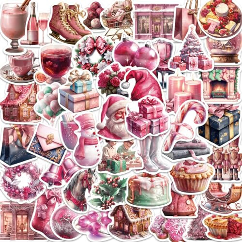 Rosa Weihnachten Aufkleber Christmas Day Sticker Set 50 Stücke Niedlich Deko für Auto Laptop Skateboard Fahrrad Moped Motorrad Fahrrad Computer,Geeignet für Erwachsene Kinder