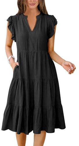 ANRABESS Womens Summer Dress Ruffle Sleeve V Neck Midi Dresses Black