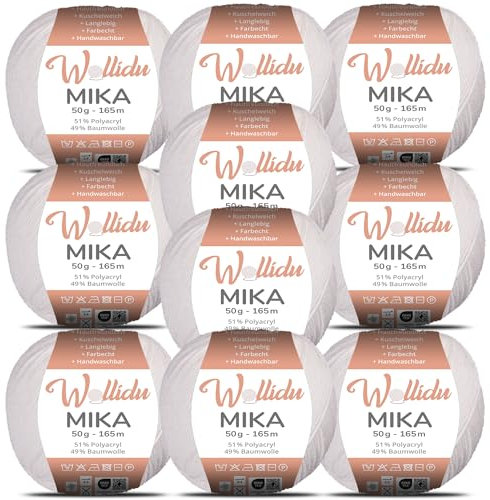 Wollidu Mika 51% Polyacryl 49% Baumwolle zum Häkeln und Stricken 10x 50g/165m Oeko-Tex Strickgarn Häkelgarn - Naturweiß