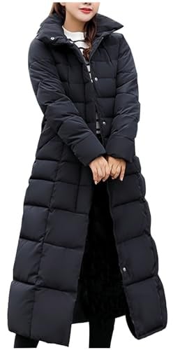 Doudoune longue pour femme - Couleur unie - Avec capuche en fourrure - Veste d'hiver chaude à manches longues - Longueur cheville - Fermeture éclair - Veste à capuche - Manteau de transition - Veste