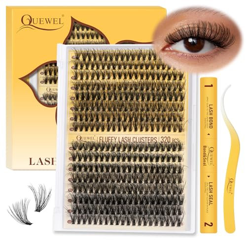 QUEWEL Extensions de Cils 320 pièces 3D 30D+40D, Extensions de Cils DIY, Touffes de Cils MIX 12–18mm avec Colle et Pince à Cils, pour créer des yeux charmants à la maison (3D 30+40D-D-MIX12–18-Kit)
