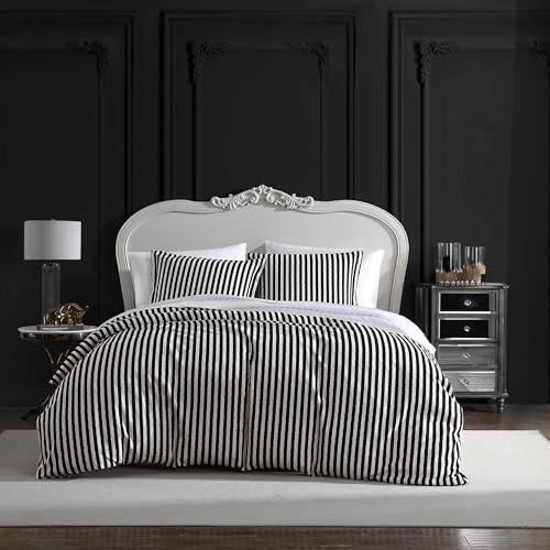 Betsey Johnson Queensize-Bettbezug, weiches Bettwäsche-Set mit passenden Kissenbezügen, schicke Heimdekoration (Wonderland-Streifen, Schwarz, Queen)