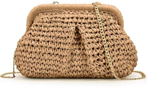 Becokan Bolsos de mano de paja para mujer, bolsa tejida de mimbre para verano, bolso cruzado de paja para vacaciones en la playa, Caqui