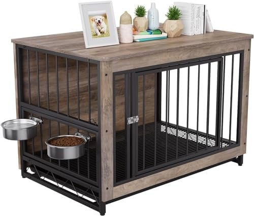 Cage pour Chien Interieur, 93x64x58cm, Cage Chien XXL en Bois, Caisse pour Chien avec 2 Gamelles et Portes pour Chien, avec Plateau Amovible, Cage Chien de Petite Taille Moyenne Jusqu'à 40 kg, Gris