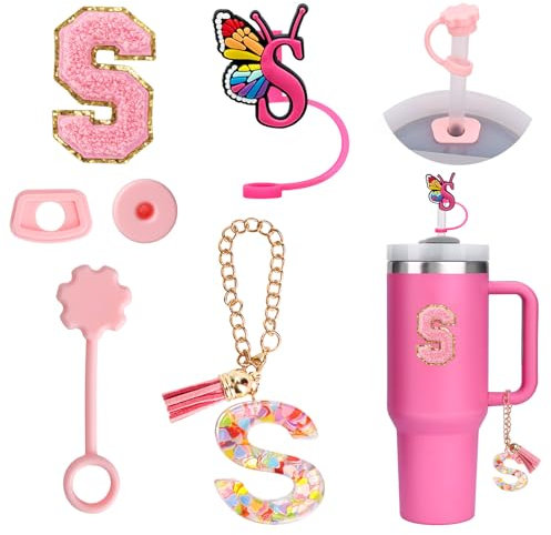 6PCS Personalized Stanley Cup Accessories,Stanley Straw Cover Cap,Tumbler Initials Decorations for Stanley,Stanley Cup Letter Sticker,Letter Charm, Straw Cover Cap and Leak Stopper for Stanley cup (S)
