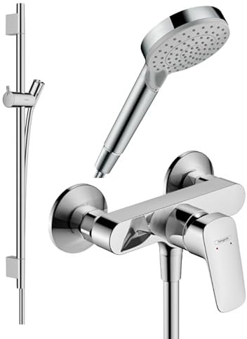 Pack mitigeur douche mécanique HANSGROHE Logis + Barre Unica S Puro + flexible + Pommeau Vernis Blend Vario chromé