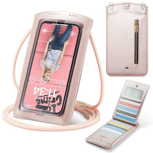 Casecond Handytasche zum Umhängen Geldbörse Universal Crossbody Handy Tasche Kleine Umhängetasche Damen mit Handykette Touchscreen Reißverschluss für iPhone 16 15 Samsung Xiaomi Bis zu 7.5 Roségold