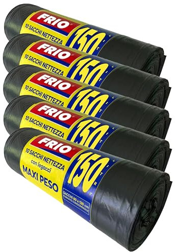 FRIO - 50 Sacs Poubelle Noirs MAXI 150L, 80x120 cm | Sacs Ultra Résistants Multicouches avec Liens de Fermeture | Pour Poubelle de Collecte Sélective, Usage Domestique et Collectif