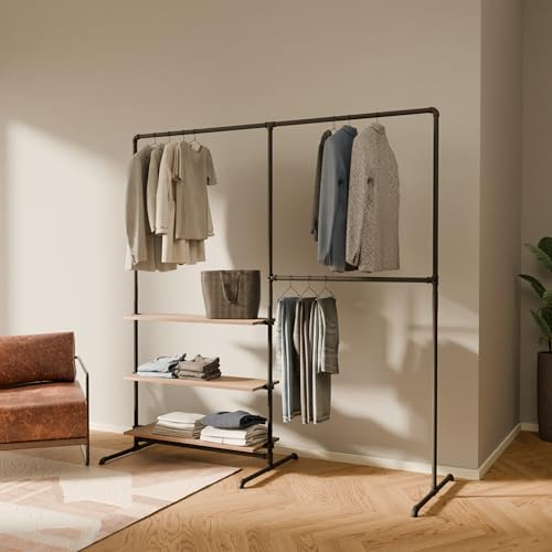 pamo Kleiderstange freistehend 120 kg Traglast - offener Kleiderschrank industrial schwarz aus Metall Wasserrohren mit Böden aus massiver Eiche