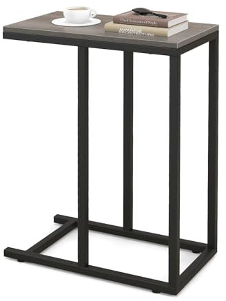 LIFEZEAL Beistelltisch C-Form, Sofatisch aus Metallrahmen, telefontisch industrielles Design, Kaffeetisch für Wohnzimmer, Schlafzimmer, 45,5 x 25,5 x 64 cm (Eiche Grau)