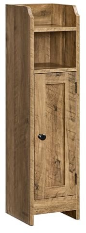 VASAGLE Meuble de Salle de Bain, Armoire d’Angle avec Porte et Étagères, Organisateur de Rangement, Meuble Étroit pour Papier Toilette, Étagères Réglables, 20 x 18 x 80 cm, Marron Miel BBK310K01