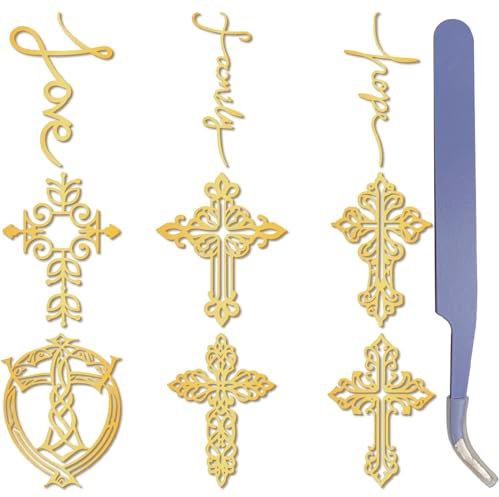 craspire 9 Stück Goldene Kreuz Aufkleber Kreuzigungs Aufkleber Mit Pinzette Wasserfest Selbstklebend Nickel Zum Dekorieren von Texten Liebe Glaube Hoffnung Metall Aufkleber Abziehbilder