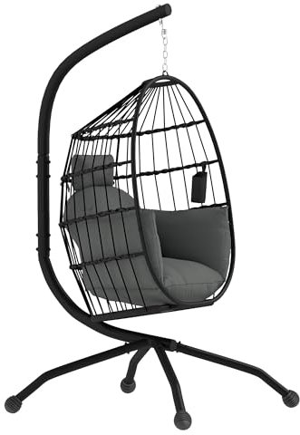 Outsunny Silla Colgante Huevo con Soporte Columpio Jardín Exterior con Cesta Plegable Cojín y Reposacabezas Columpio Colgante para Interior y Exterior Carga 120 kg Negro