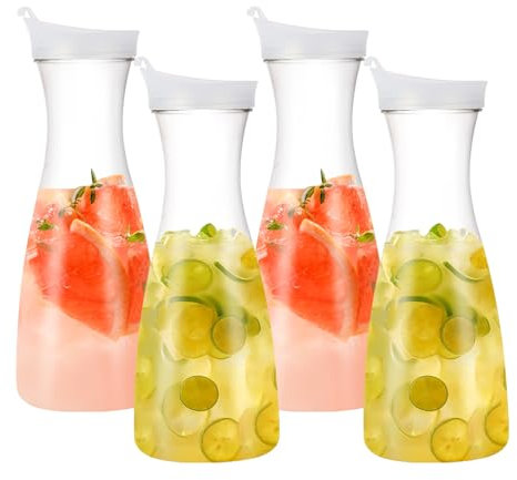4 Piezas Jarra de Agua de plástico 1L Jarra de Bebidas con tapa Transparente Jarra de Jugo Contenedores de zumo Jarra de Té para agua,café,leche,té,jugo,refrescos y vino(Blanco)