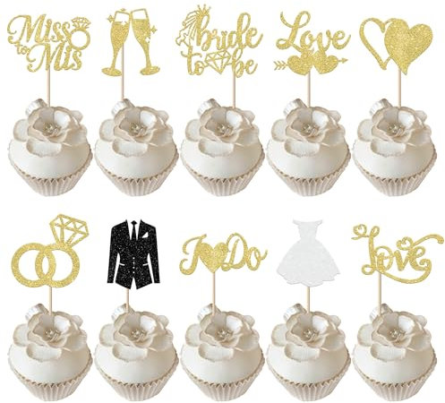 30 Stück Bride to Be Cupcake Toppers Hochzeit Thema Tortendeko Glitzer Braut und Bräutigam Liebe Herz Diamant Ring Kuchen Deko für Verlobung Hochzeiten Thema Party Kuchen Dekorationen Gold