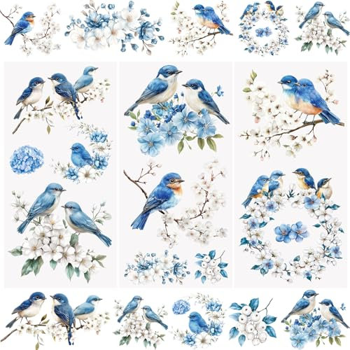 WANDIC 3 x Transfer-Aufkleber zum Aufreiben, blaues Blumen- und Vogelmuster, wasserdichte Aufkleber, Möbelhandwerk für Bastelarbeiten, Scrapbooking, Fotoalben, 15 x 30 cm
