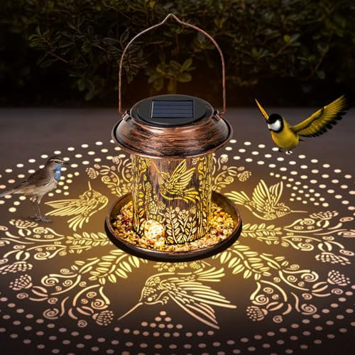 LEKIA Solar Lantern Bird Feeder for Outside, Hummingbird Metal Wild Bird Feeder Garden Ornaments Outdoor, Waterproof Garden Lights Solar Powered for Yard, Patio, Lawn, Pathway