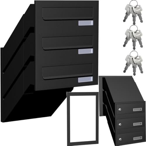 3er Dreifach Mauerdurchwurf Briefkasten für Mehrfamilienhaus oder Büro - Briefkastenanlage zum Einmauern für 3 Familienhaus 3fach mit Namensschild Schwarz Matt RAL 9017 Einbaubriefkasten