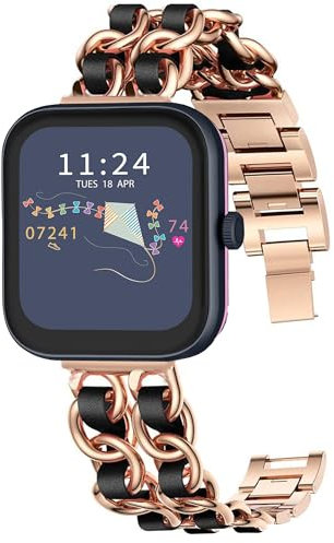 Blueshaweu Compatible for RADLEY Series Smartwatch 20mm 22mm Jewelry Chain Metal Wristband with Leather Compatible for RADLEY Series 32 /Series 20 /Series 19 /Series 46 /Series 10 (Rose-Black, 20mm)