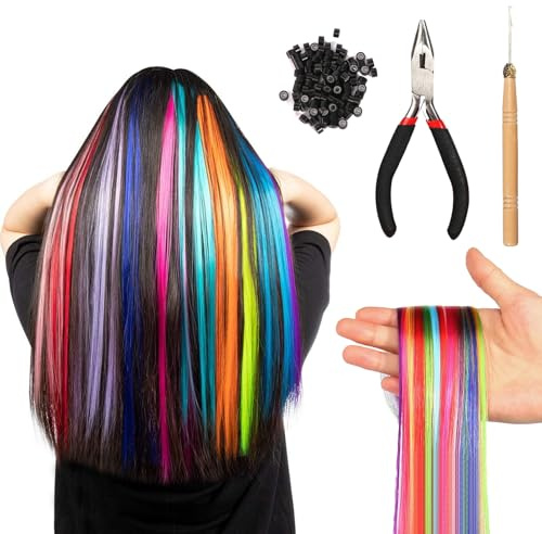 Set di extension per capelli colorate, 100 pezzi, piume colorate, set di extension con pinza per parrucche e 100 perline, extension invisibili per bambini, extension a clip