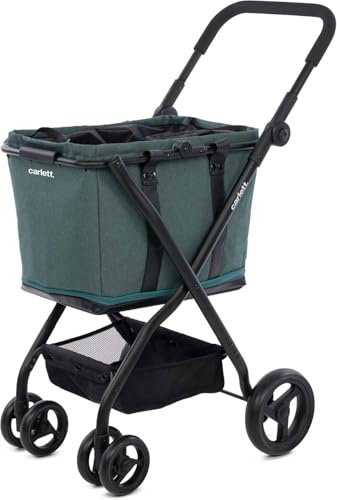 Carlett Einkaufstrolley mit 4 Rädern, faltbar, Tasche 50–75 L, höhenverstellbarer Griff, Sicherheitsbremse, Korb als Tragetasche nutzbar, wasserabweisend mit Regenüberzug – Cube S, Grüne