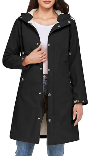 Tuopuda Giacca Donna in Pile Giacche con Cappuccio Lungo Giubbotto con Cerniera Giacca Softshell Antivento Parka Impermeabile Primavera Autunno Inverno(Nero,M)