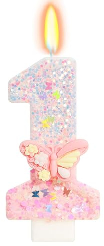 DazzJoy Schmetterling Geburtstagskerzen Zahlen 1, Schmetterling Kerze 1. Geburtstag Mädchen, Schmetterlinge Geburtstagskerze 1 Jahr Mädchen, Tortendeko 1 Geburtstag, Zahlen Kerzen 1 Rosa(ca.7,2cm)