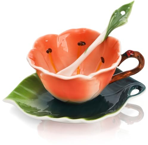 Cididu Flower Tea Cup and Saucer, 6 Oz Ceramic Coffee Mug with Spoon, 3D Handmade Vintage Drinking Cups, 3 Pieces Orange Teaware Mug for Women, Christmas Birthday Gift Party (Floral and Leaf)